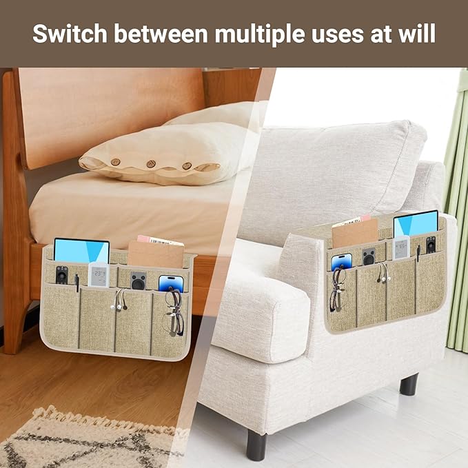 Meeall Armchair Caddy & Remote Control Holder for Couch & Recliner | Non-Slip Armrest Organizer with 6 Pockets for TV Remote, Phone, Tablet, Magazine & More, 19 x 35 Inches, Beige