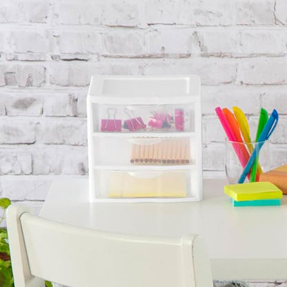 Sterilite Clearview Plastic Multipurpose Small 3 Drawer Desktop Storage Organization Unit for Home, Classrooms, or Office Spaces, White, 6 Pack