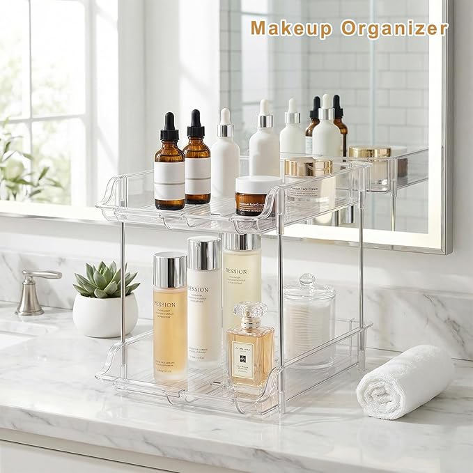 SOVGIZF Expandable Cabinet Organizer Shelf, 2-Tier kitchen Counter Organization Shelves, Spice Rack,Clear Plastic Countertop Storage Rack for Makeup, Pantry, Cupboard, Bathroom, Desk Organization
