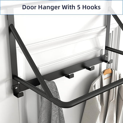 CHJgroup Over The Door Clothes Hanger, Metal Clothes Rack for Door with 5 Hooks, Over The Door Hanger for Bathroom, Laundry, Bedroom, Washroom, Fits Door Up to 1.97", Matte Black