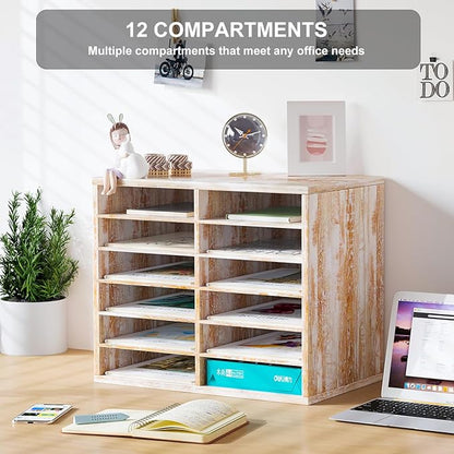 PAG Countertop Mail Sorter Organizer, Wooden Literature Organizer, Student Mailbox for Classroom, Desktop Bill Organizer for Office Home School, 12 Compartments, Retro White