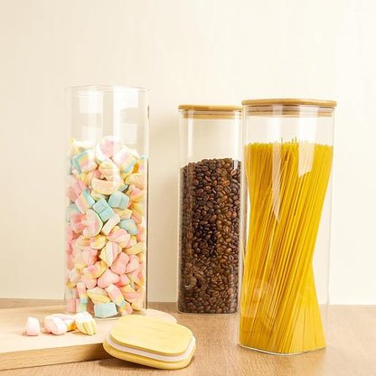 Glass Spaghetti Pasta Storage Container - 3 Pack 82 OZ Airtight Food Storage jar with Bamboo Lid Labels - Tall Square Kitchen Pantry Canister Set for Noodle Cookies Flour Cereal Coffee Bean