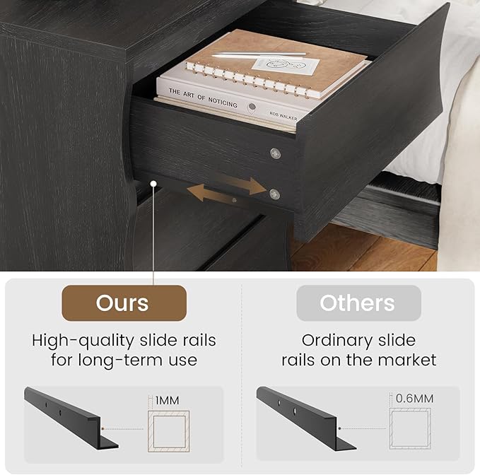 SUCSSRICH Black Nightstand, Night Stand with 3 Drawers, Modern Nightstand with Large Storage, Silent Slides, Wooden End Side Table, Bedside Table with 3 Drawers for Bedroom