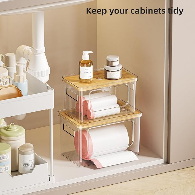 Under Sink Organizer,Pantry Organizers and Storage,Plastic Trash Bag Holder Dispenser,Bamboo Lid Potatoes Onions Organization Storage Container for Kitchen,set of 3