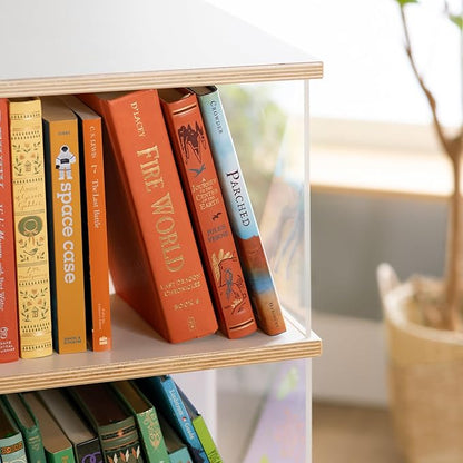 EdQ Rotating Big Book Display–White: 3-Tier Montessori Wooden Bookshelf for Kids' Room, 360° Spinning Bookcase with Acrylic Shelves for Home, Playroom, Classroom Storage & Homeschool Organization