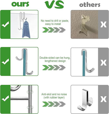 Cerbonny Shower Door Hooks, 2 Pack Extended Double Towel Hooks for Bathroom Frameless Glass Shower Door, Heavy Duty Stainless Steel Bathroom Hanger Without Perforation
