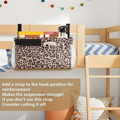 CuwrYet Bedside Caddy Hanging Bunk Bed Caddy Bed Organizer Hanging Pocket with 2 Hooks Bedside Storage Organizer Pocket Bag Holder Leopard Print Brown