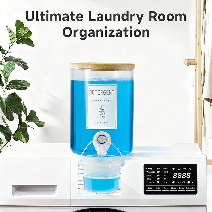1 Glass Laundry Detergent Dispenser with Bamboo Lid - 120 Oz Liquid Detergent, Laundry Soap & Fabric Softener Dispenser for Laundry Room Organization and Storage with 1 Cups & 4 Labels