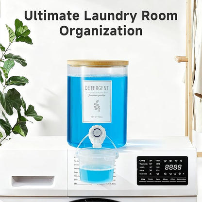 1 Glass Laundry Detergent Dispenser with Bamboo Lid - 120 Oz Liquid Detergent, Laundry Soap & Fabric Softener Dispenser for Laundry Room Organization and Storage with 1 Cups & 4 Labels