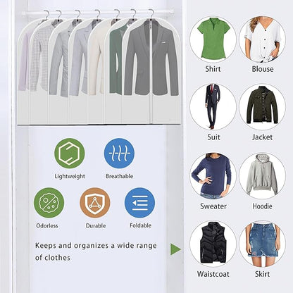 Hanging Garment Bags 12 Piece Set - 40 Inch Translucent Dust Proof Clothes Bag White Breathable Full Zipper Dust Cover for SuitTops Shirts Sports Jackets.