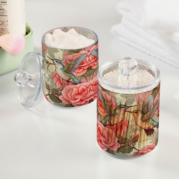 MNSRUU 2 Pack Qtip Holder Organizer Dispenser Flowers and Hummingbirds Pink Bathroom Storage Canister Cotton Ball Holder Bathroom Containers for Cotton Swabs/Pads/Floss