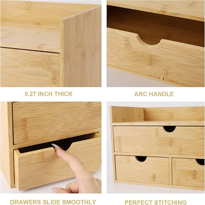 Bamboo Desk Organizer With Drawers Countertop Drawers 3 Drawers Counter Storage Box Corner Desk Organizer for Home Office No Assembly Required