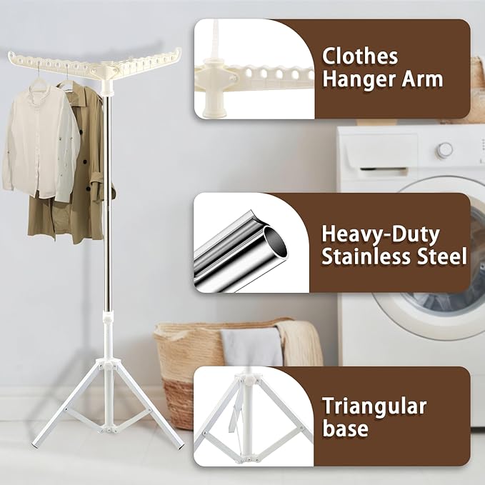 Clothes Drying Rack,Dry Rack for Clothes 33-68 Inch Stainless Steel Heavy-Duty Tripod Base Space-Saving Collapsable 3 Rotatable Arms