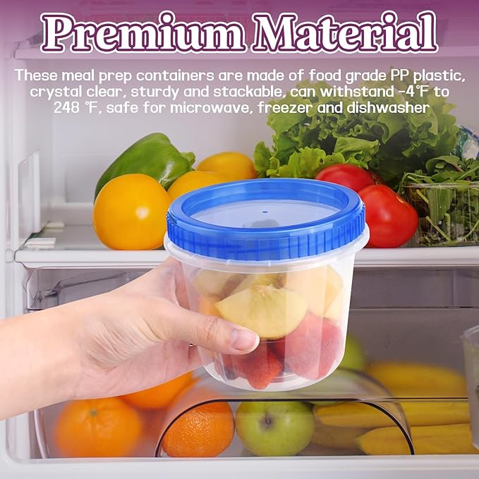 ISUSSER 12 Pack Freezer Containers with Screw On Lids, 24 Oz Stackable Reusable Plastic Storage Container, Airtight Plastic Food Storage Containers with Twist Top Lids for Food Soup Jello Sauce