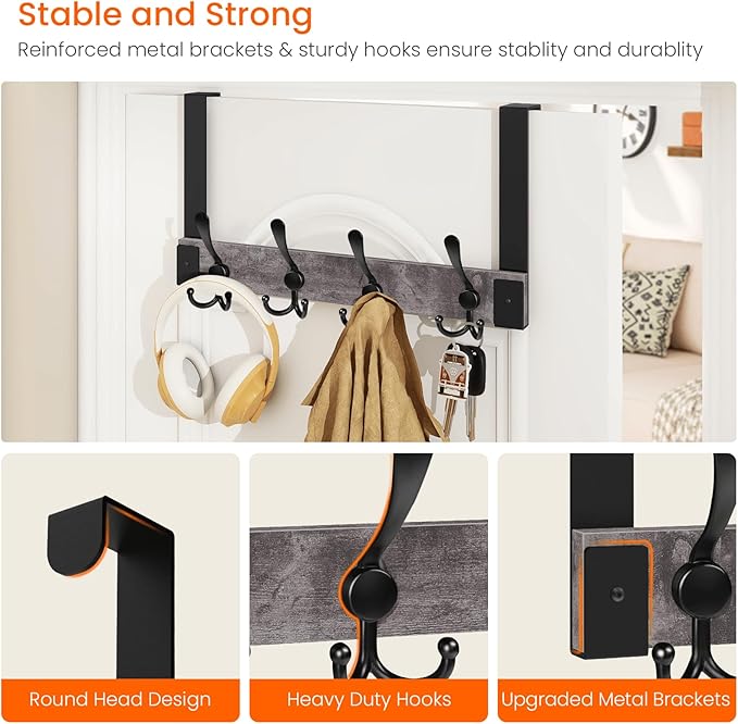 Homode Over The Door Hooks Heavy Duty,Wooden Door Coat Hanger with 4 Tri Hooks, Over The Door Towel Rack for Bathroom, Back of Door Hooks for Hanging Towels, Clothes, Hats, Bags, Grey