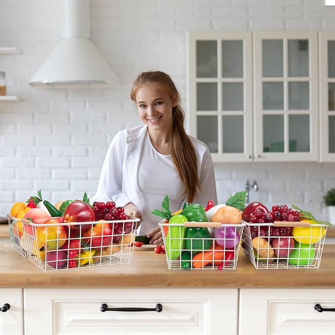 Wire Basket 4 Pcs Wire Storage Baskets Wire Baskets Organizing with Wooden Handles Wire Basket Pantry Organization and Storage Metal Wire Food Storage Basket for Kitchen, Cabinets (White 4PCS)