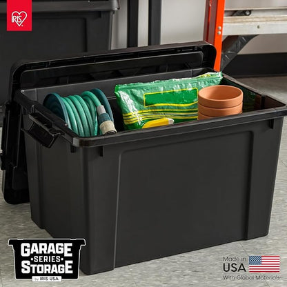 IRIS USA 20 Gallon Lockable Storage Bins with Lids, 6 Pack - Made in USA, Heavy Duty, Stackable Containers, Garage Organizing Bins Moving Tubs, Rugged Sturdy Equipment Utility Box - Black