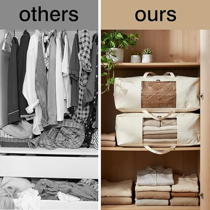 YGEOMER 4 Pack Canvas Comforter Storage Bags with Zipper Foldable Closet Organizers Storage Containers with Reinforced Handle for Dorm Organizing, Bedroom, Closet, Blanket, Clothing