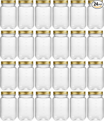 novelinks 16 oz Clear Plastic Jars with Lids, Refillable 16oz Mason Jars with Lids & Storage Containers for Kitchen & Household Use (24 Pack,Gold)