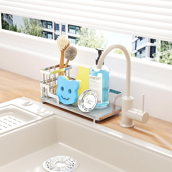 Consumest Sponge Holder for Kitchen Sink - Sink Caddy Organizer with Water Absorbing Stone Tray, Detachable Brush Holder, Stainless Steel Kitchen Counter Organizer Rack, Silver