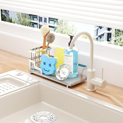 Consumest Sponge Holder for Kitchen Sink - Sink Caddy Organizer with Water Absorbing Stone Tray, Detachable Brush Holder, Stainless Steel Kitchen Counter Organizer Rack, Silver