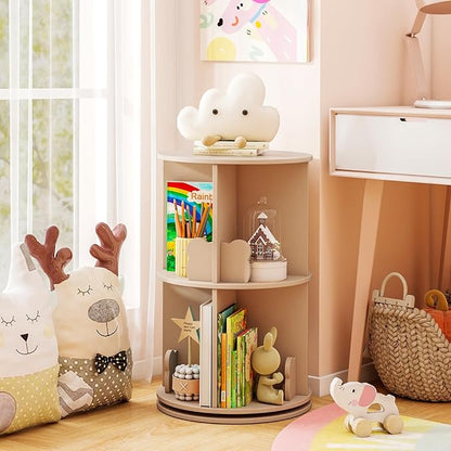 HONEY JOY Kids Rotating Bookshelf, Wooden Spinning Small Corner Organizer w/Baffles, 360°Display Standing Toddler Bookshelf, Narrow Storage Rack, Montessori Book Shelf for Nursery, Playroom (Coffee)