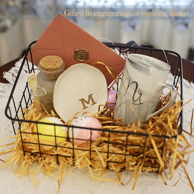 VINCOMIC Initials Ring Dish Jewery Tray with Personalized M-Monogrammed Mother's Day Gifts Wedding Engagement for Women Friends sister,Ceramic White