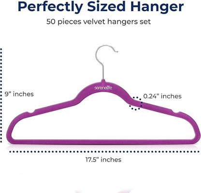 SereneLife 50 Pack Velvet Hangers - Non-Slip, 360° Swivel Hook - Ultra-Thin, Lightweight Velvet Hangers for Shirts, Sweaters, Hoodies, Kids Clothes & Dresses - Space-Saving