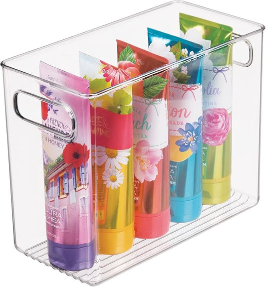 mDesign Tall Modern Stackable Plastic Storage Organizer Bin Basket with Handles for Bathroom Vanity Organization - Shelf, Cubby, Cabinet, or Closet Organizing Decor - Ligne Collection - Clear