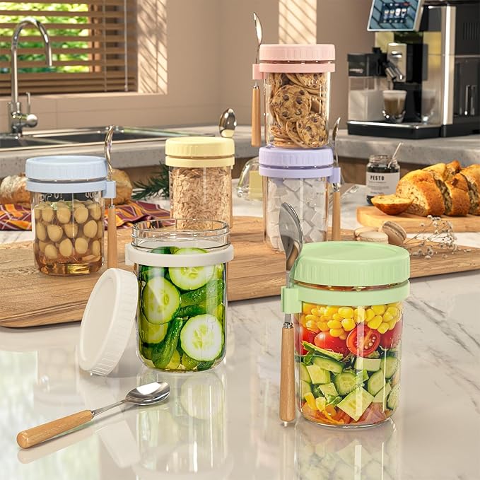 HomArtist 16oz Overnight Oats Containers with Lids and Spoons, 6 Pack Wide Mouth Mason Jars with Airtight Lids, Overnight Oats Jars for Salad, Chia Seed, Cereal, Yogurt