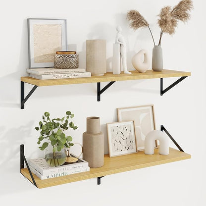 Axeman Deep Floating Shelves | 36 Inch Oak Wall Shelves Set of 2 | 10 Inch Deep Wood Floating Shelves for Wall | 36" W x 10" D Oak Shelves for Living Room Bathroom Kitchen