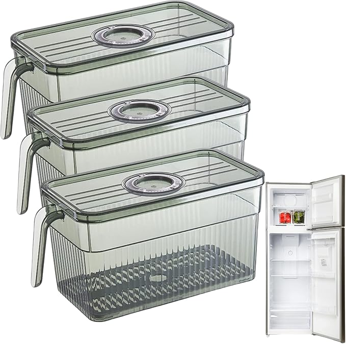 Fruit Storage Containers For Fridge, Fridge Organizer, Set of 3 Transparent Refrigerator Food Storage Box Stackable with Lid and Handle, Fruit Vegetable Containers for Kitchen