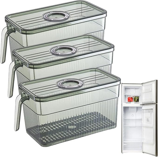 Fruit Storage Containers For Fridge, Fridge Organizer, Set of 3 Transparent Refrigerator Food Storage Box Stackable with Lid and Handle, Fruit Vegetable Containers for Kitchen