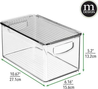 mDesign Plastic Deep Storage Bin Box Container with Lid and Built-In Handles - Organization for Fruit, Snacks, or Food in Kitchen Pantry, Cabinet, Cupboard, Ligne Collection, 4 Pack, Clear/Smoke Gray