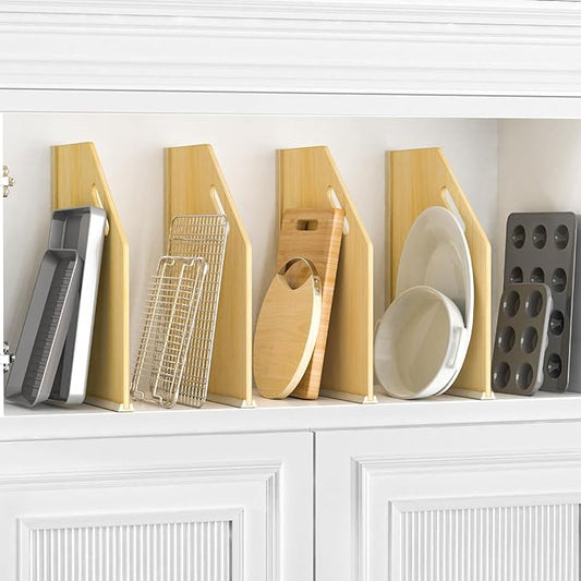 sandpaint 4 Pack Wood Tray Dividers for Cabinet, Cookie Sheet Organizer for Cabinets, No-Cut Kitchen Cabinet Dividers, Cookie Trays for Kitchen, Utility Rooms, Pantry Storage