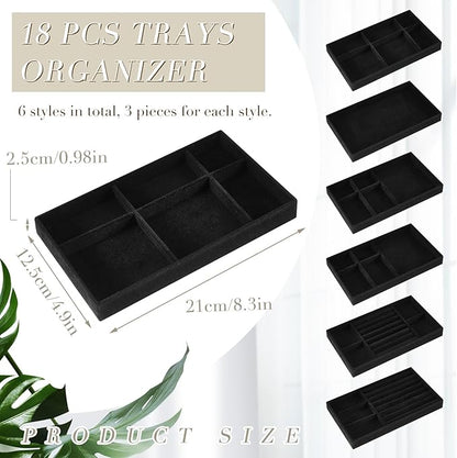 Junkin 18 Pcs Velvet Jewelry Tray Stackable Jewelry Drawer Organizer Jewellery Box Divided Display Tray for Earring Bangle(Black)
