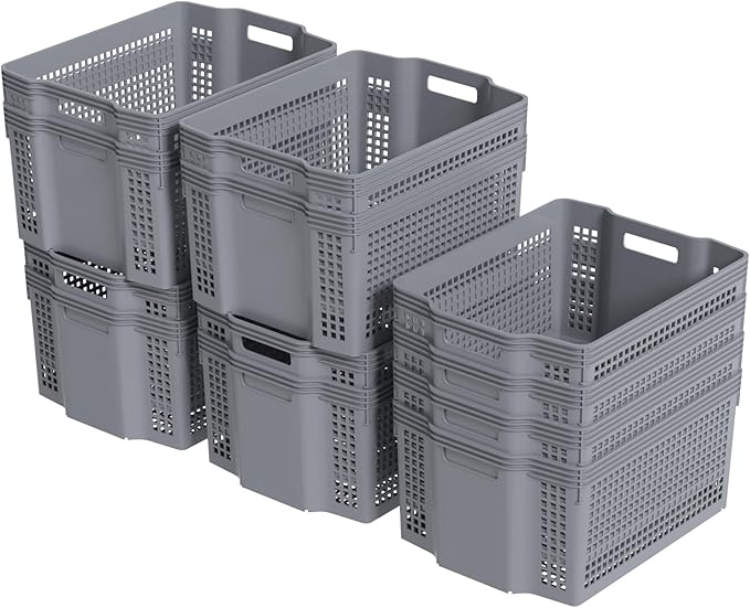 12-Pack Large Plastic Weave Storage Baskets, Stacking Rectangle Storage Basket Bin for Pantries, Kitchens, Cabinets, Bedrooms, Grey