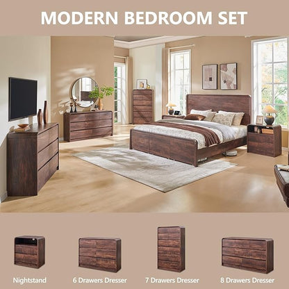 Aitjunz 25" Tall Modern Nightstand Set of 2, 23.6'' Wide Wood Bedside Table w/2 Storage Drawers, Charging Station,Mid Century End Table for Bedroom, Living Room, Curved Profile Design, Brown