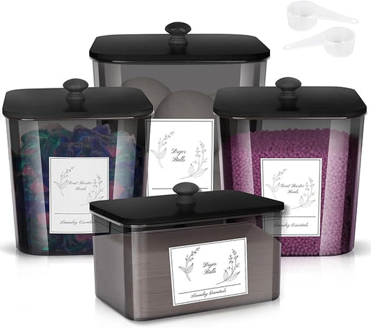4 Pack Laundry Detergent Containers & Dryer Sheet Holder with Black Lids, Scoops & Labels - Plastic Laundry Organizer and Storage Jars for Pods, Detergent, Scent Booster
