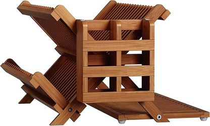 Greenual Teak Dish Drying Rack with Utensil Holder, 3 Tier Collapsible Dish Rack, Wooden Dish Racks for Kitchen Counter, Large Folding Drying Holder with Absorbent Dish Drying Mat