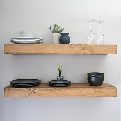 Urbandi Modern Floating Shelves 3 Inches Thick for Wall, Wide Shelves for Kitchen, Living Room, Bedroom, and Bathroom, Natural Pine Wood, Rustic Wooden Shelf, (Set of 2) (Aged Oak, 60Lx3Hx8D)