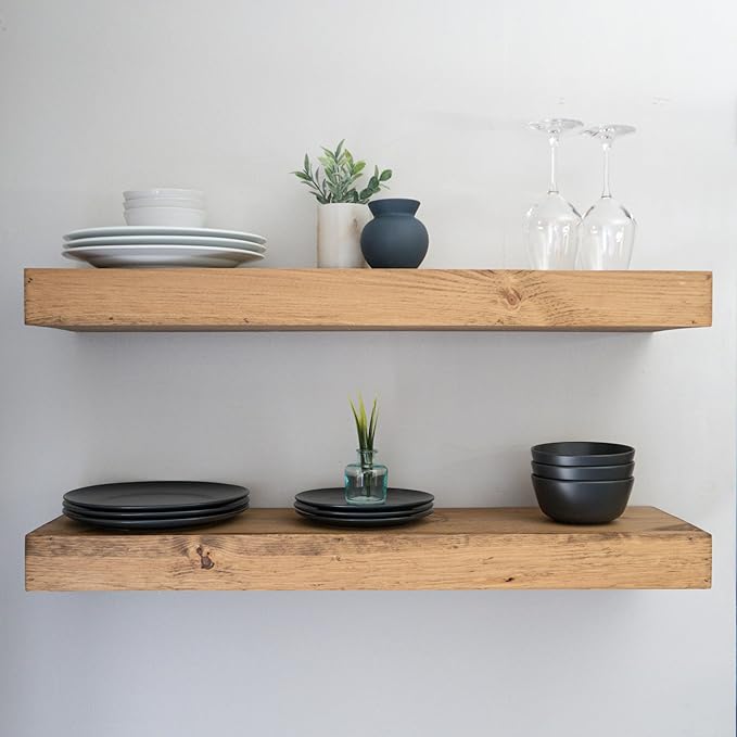 Urbandi Modern Floating Shelves 3 Inches Thick for Wall, Wide Shelves for Kitchen, Living Room, Bedroom, and Bathroom, Natural Pine Wood, Rustic Wooden Shelf, (Set of 2) (Aged Oak, 60Lx3Hx8D)