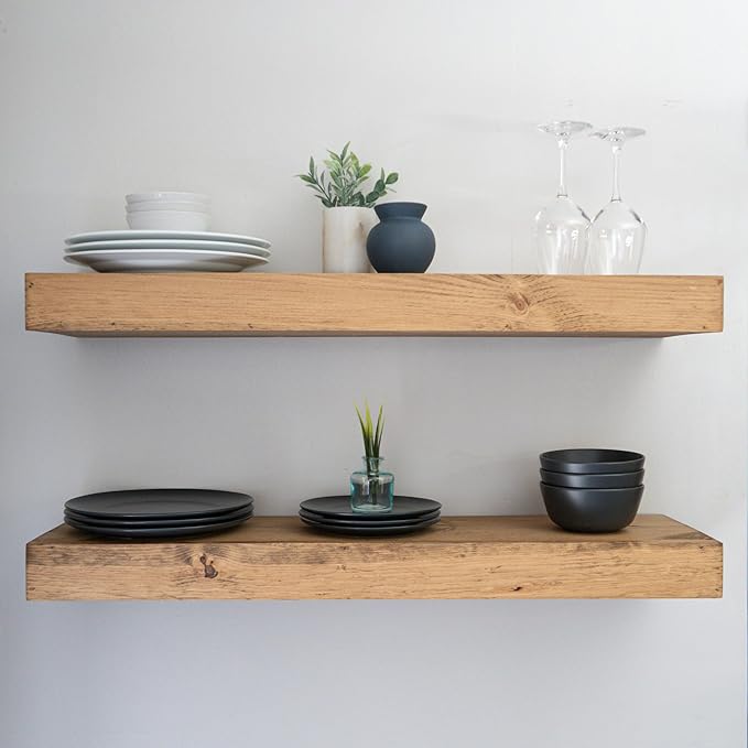 Urbandi Modern Floating Shelves 3 Inches Thick for Wall, Wide Shelves for Kitchen, Living Room, Bedroom, and Bathroom, Natural Pine Wood, Rustic Wooden Shelf, (Set of 2) (Aged Oak, 60Lx3Hx6D)