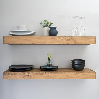 Urbandi Modern Floating Shelves 3 Inches Thick for Wall, Wide Shelves for Kitchen, Living Room, Bedroom, and Bathroom, Natural Pine Wood, Rustic Wooden Shelf, (Set of 2) (Aged Oak, 60Lx3Hx6D)