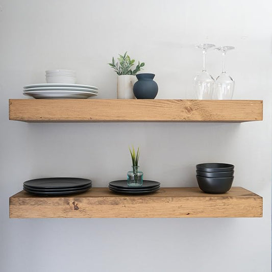 Urbandi Modern Floating Shelves 3 Inches Thick for Wall, Wide Shelves for Kitchen, Living Room, Bedroom, and Bathroom, Natural Pine Wood, Rustic Wooden Shelf, (Set of 2) (Aged Oak, 48Lx3Hx8D)