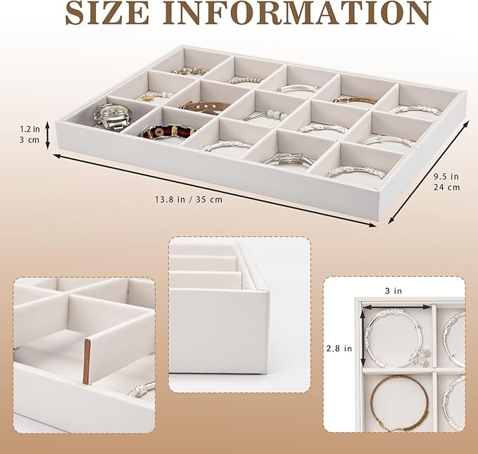 Polmart Stackable 15-Grid Jewelry Organizer/Storage/Display Trays, White Leatherette (2-Pack)