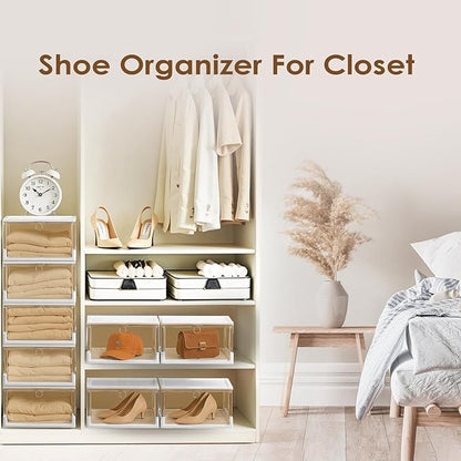 Thicken & Sturdy Clear Shoe Boxes with Magnetic Door, 3 Pack Stackable Multi-functional Shoe Storage, Shoe Organizer for Closet, Space Saving, 360 ° Dustproof & Moisture-proof, Fits Up to US Size 13
