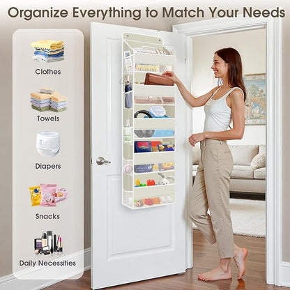 2 Pack Over The Door Organizer, Hanging Storage Organizer with Clear Window, 40lb Ultra Sturdy Large Capacity Room Organizer for Pantry Laundry Bathroom Nursery Closet (Beige)