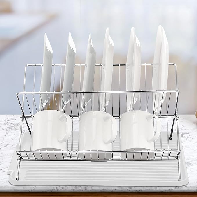 Foldable Dish Drainer, 2-Tier Stainless Steel Dish Drying Rack With Drip Tray and 5 Silicone Buckles, 13.3×10.6"Foldable Dish Drainer for Kitchen Sink, Countertop, Cutlery, Plates, and Dishes (White)