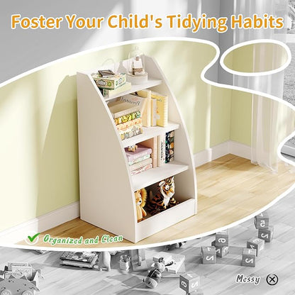 Kids Bookshelf and Toy Organizer,4 Tier Kids Book Shelf for Kids Rooms,Wood Children Bookcase,Baby Storage Book Rack,Toddler Bookshelf,Toy Storage Organizer,Book Display Shelf for Playroom, Nursery